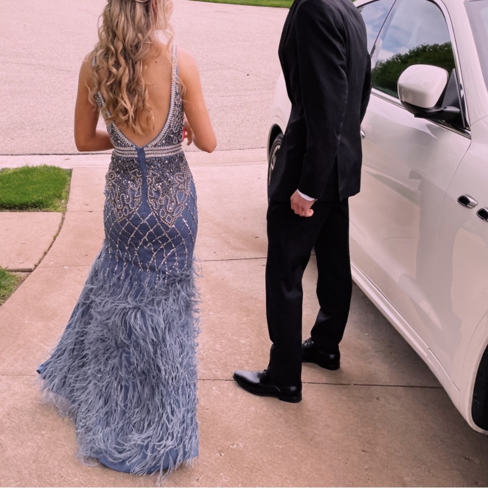 Jasz Couture Prom Dress STYLE #7041 Dark blue and gold silver sequin feather